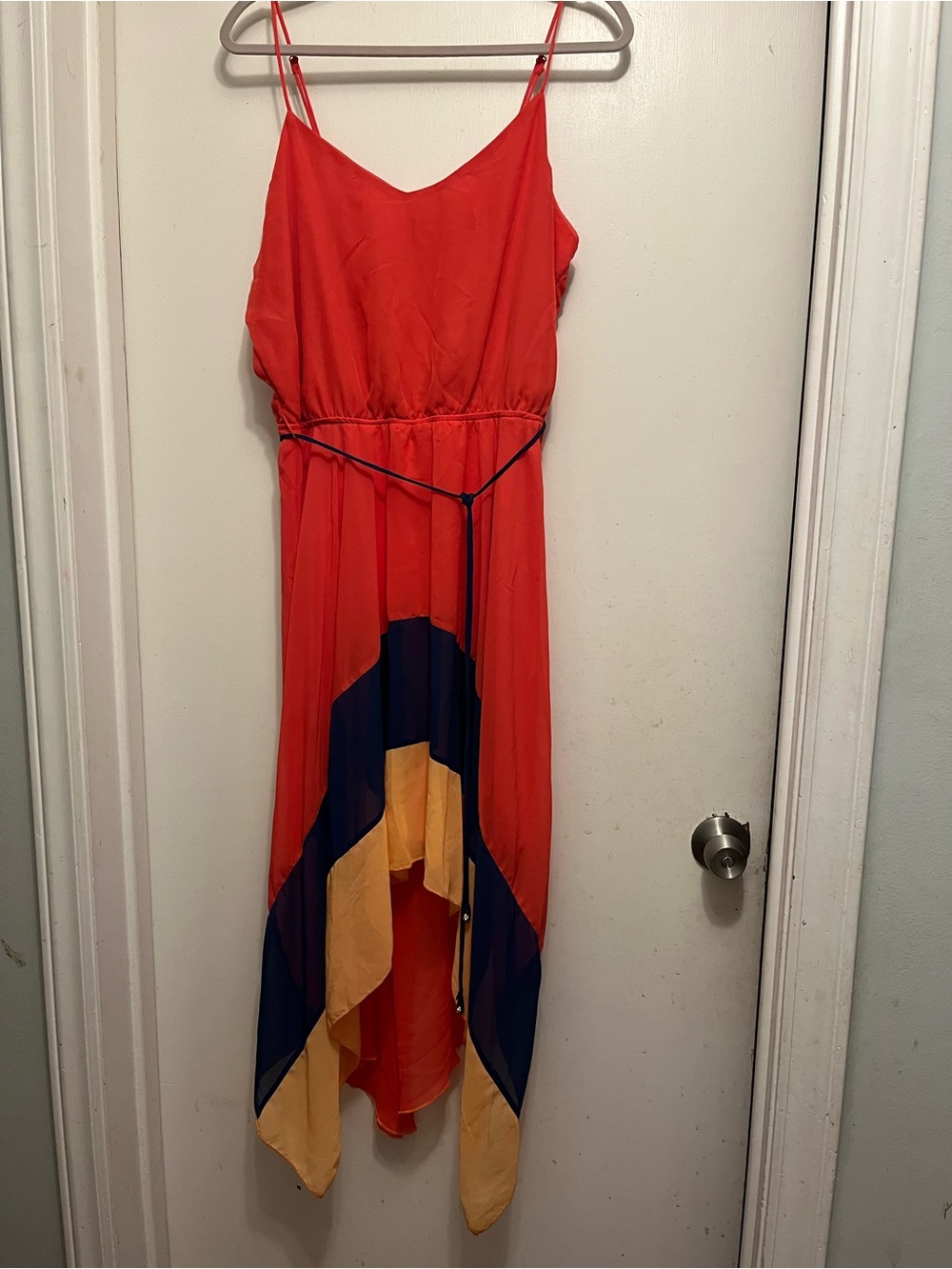 Sleeveless Red Colorblock High-Low Dress with Spaghetti Straps